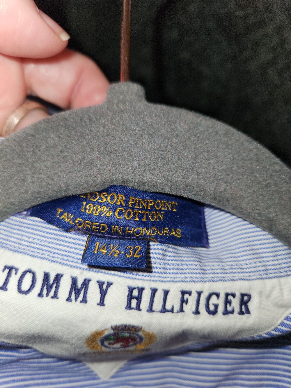 Vintage Tommy Hilfiger Windsor Pinpoint Shirt 14.5 32 Blue Stripe 100% Cotton